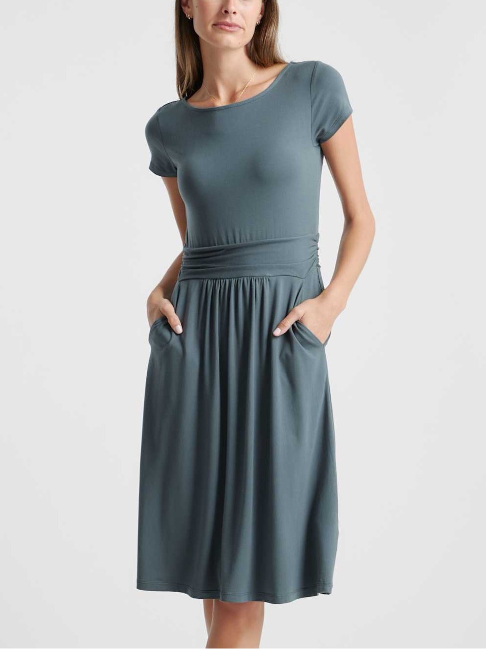 Quince Tencel Jersey Ruched Waist Short Sleeve Knee Length Dress Flowy Casual M